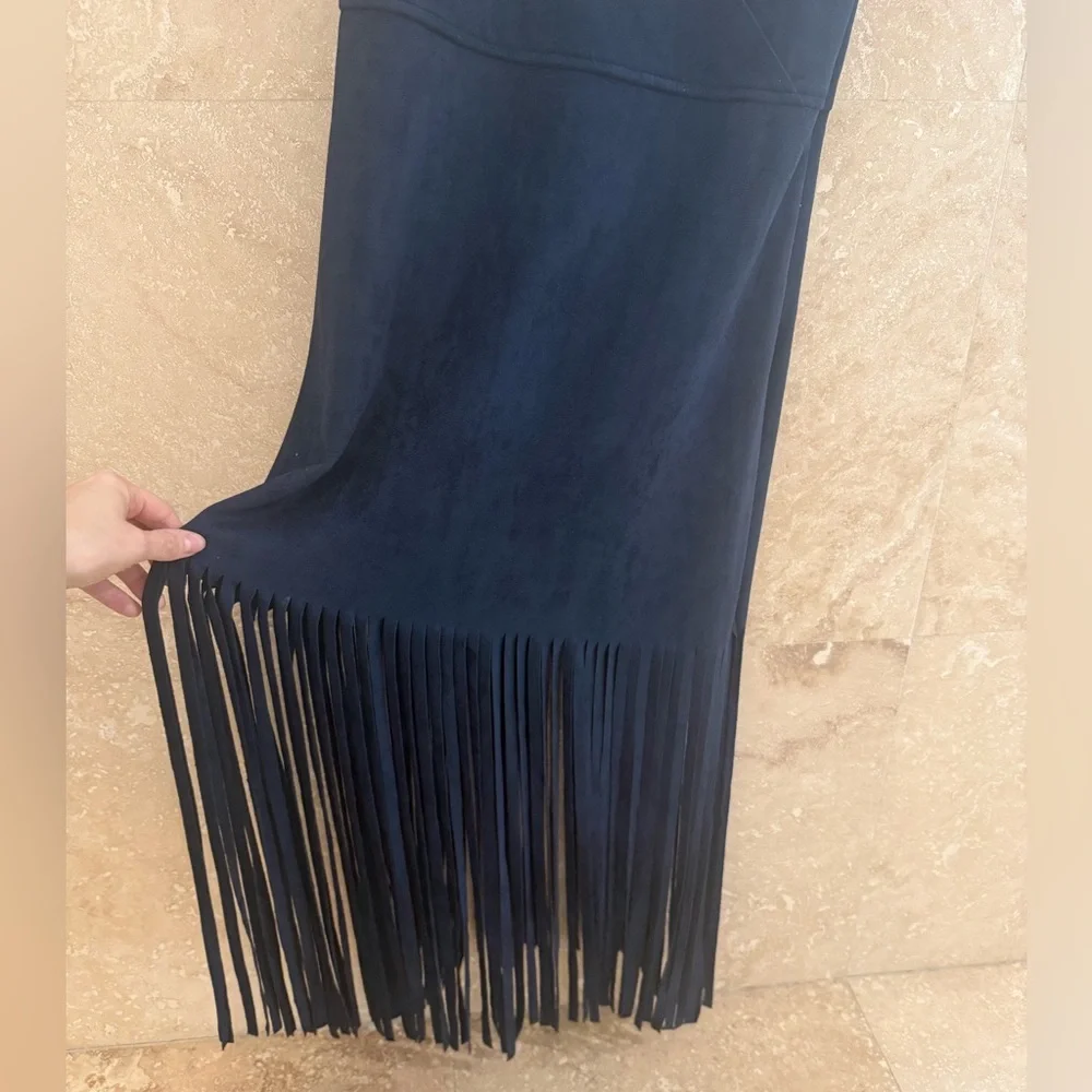 Sugar+Lips Suede Navy Blue Fringe Dress Large NWOT - Picture 3 of 7